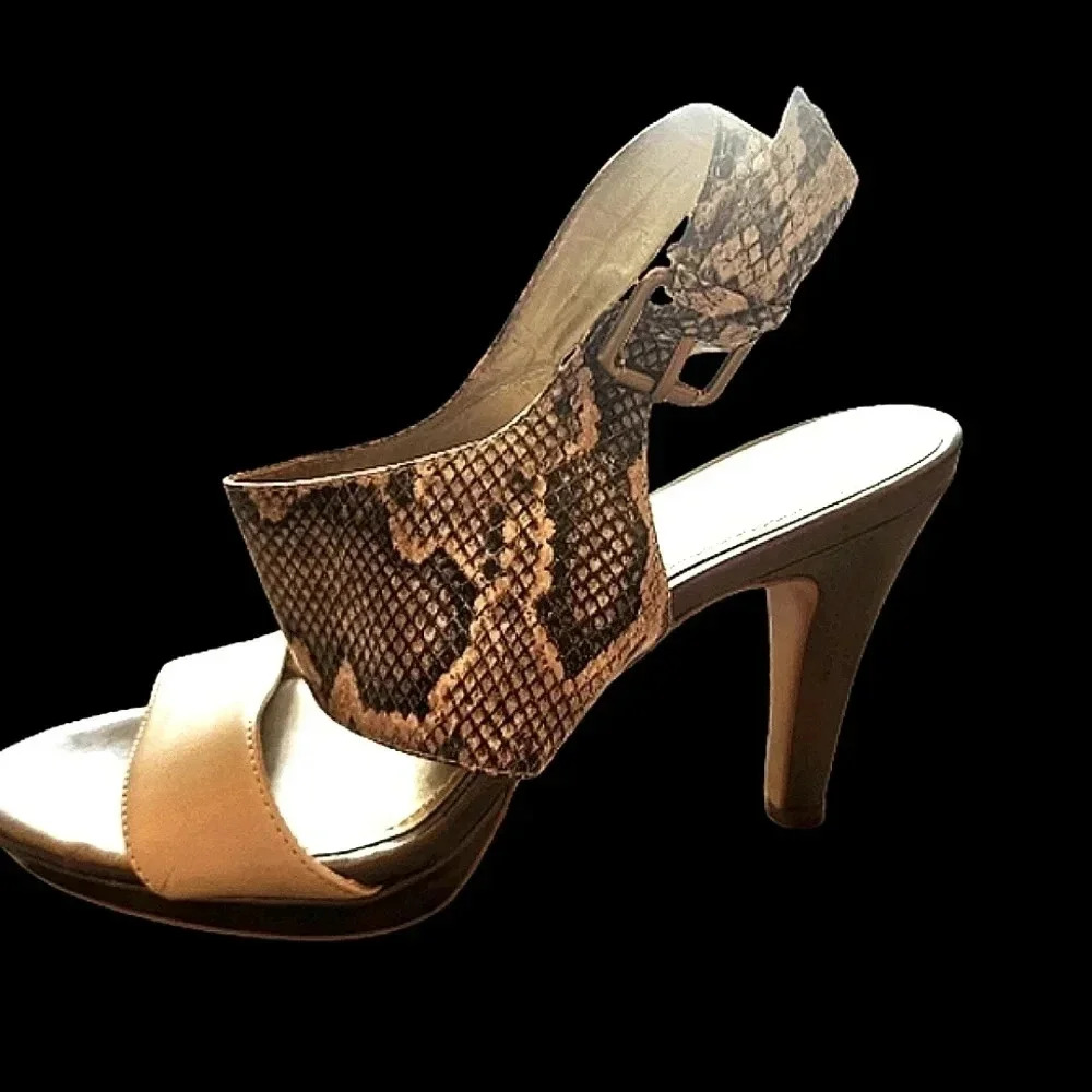 NWOT Anne Klein tan and brown snakeskin open toe 4" heels Size 7